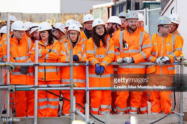 Crossrail construction workers await the arrival of Queen Elizabeth II for a visit to the Crossrail station site at Bond Street on February 23, 2016...