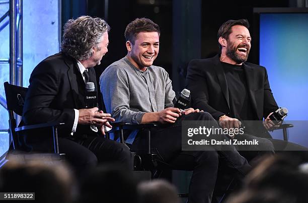 Dexter Fletcher, Taron Egerton and Hugh Jackman attend AOL Build to discuss 'Eddie the Eagle' at AOL Studios on February 23, 2016 in New York City.