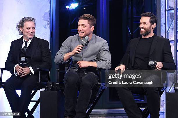 Dexter Fletcher, Taron Egerton and Hugh Jackman attend the AOL Build Speaker Series to discuss "Eddie the Eagle" at AOL Studios In New York on...