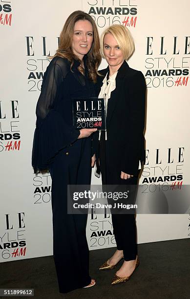 Clare Waight Keller poses with her award for Editor's Choice of The Year with Lorraine Candy in the winners room at The Elle Style Awards 2016 at...