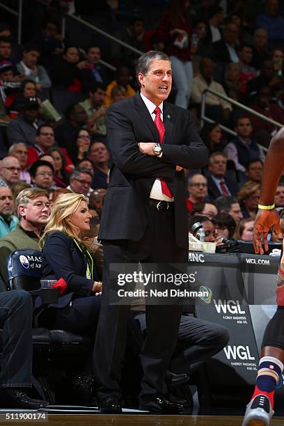 Randy Wittman of the Washington Wizards is seen during the game against the New Orleans Pelicans on February 23, 2016 at Verizon Center in...