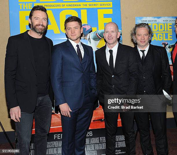 Actor Hugh Jackman, Taron Egerton, Eddie Edwards, and Dexter Fletcher attend the "Eddie The Eagle" New York Screening at Chelsea Bow Tie Cinemas on...