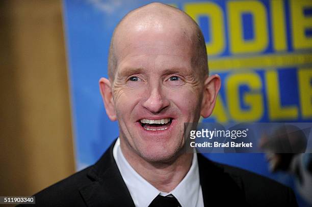 Ski Jumper Eddie Edwards attends the "Eddie The Eagle" New York Screening at Chelsea Bow Tie Cinemas on February 23, 2016 in New York City.
