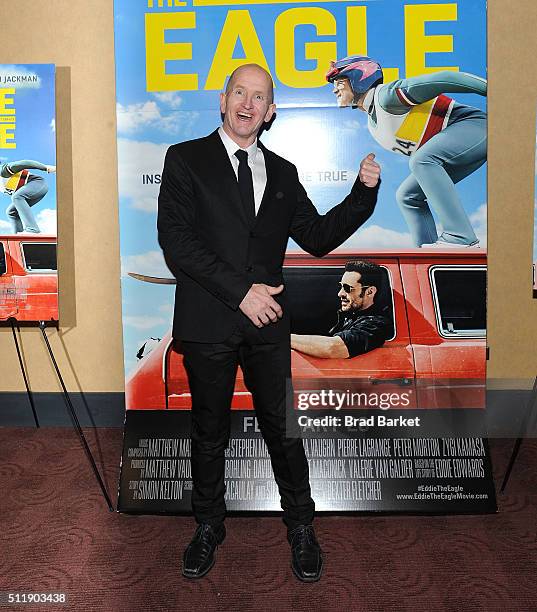 Ski Jumper Eddie Edwards attends the "Eddie The Eagle" New York Screening at Chelsea Bow Tie Cinemas on February 23, 2016 in New York City.