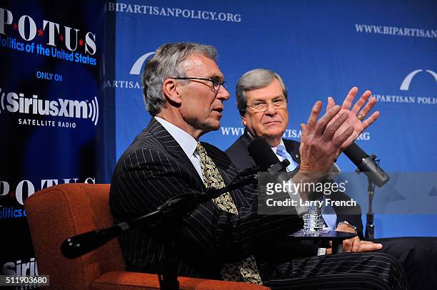 Former senators Tom Daschle, left, and Trent Lott, right, , discuss their new book, Crisis Point, at SiriusXM-Bipartisan Policy Center's event hosted...