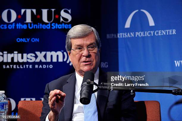 Former senators Trent Lott and Tom Daschle , not pictured, discuss their new book, Crisis Point, at SiriusXM-Bipartisan Policy Center's event hosted...