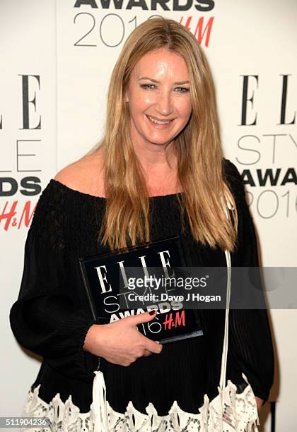Anya Hindmarch poses with her award for Accessories Designer of The Year in the winners room at The Elle Style Awards 2016 at tate britain on...