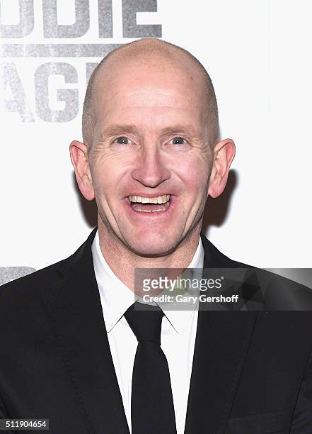 Former ski-jumper Michael "Eddie" Edwards attends the "Eddie The Eagle" New York screening at Chelsea Bow Tie Cinemas on February 23, 2016 in New...