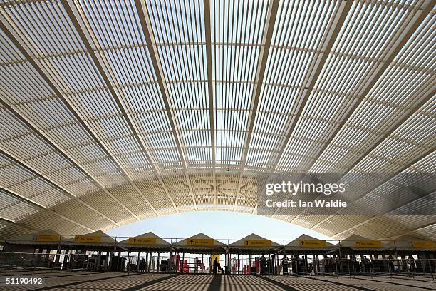 One of the main public entry gates to the Olympic Park appears near deserted by midday on August 19, 2004 in Athens, Greece. Organisers have assured...