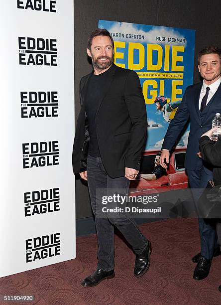 Hugh Jackman and Taron Egerton attend the "Eddie The Eagle" New York screening at Chelsea Bow Tie Cinemas on February 23, 2016 in New York City.