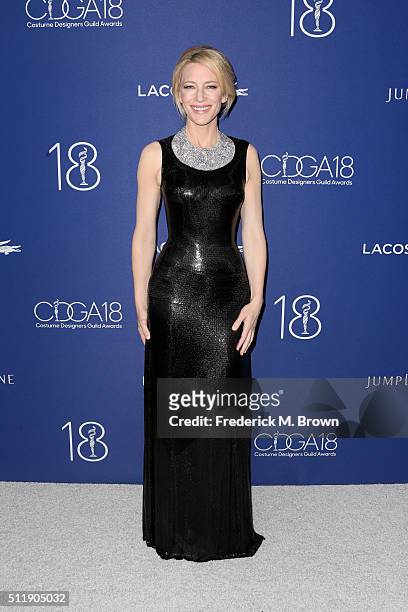 Honoree Cate Blanchett attends the 18th Costume Designers Guild Awards with Presenting Sponsor LACOSTE at The Beverly Hilton Hotel on February 23,...