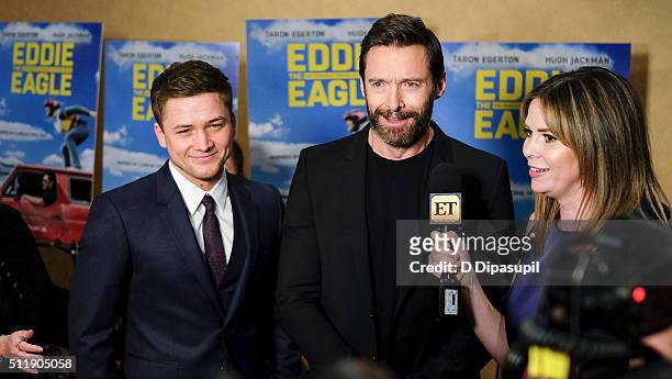 Taron Egerton and Hugh Jackman attend the "Eddie The Eagle" New York screening at Chelsea Bow Tie Cinemas on February 23, 2016 in New York City.