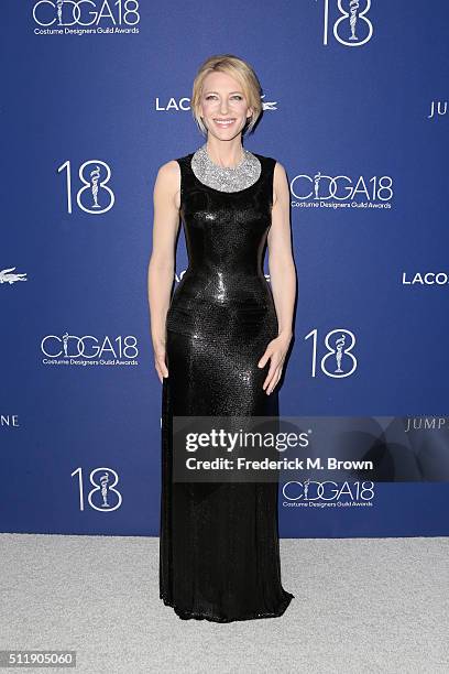Honoree Cate Blanchett attends the 18th Costume Designers Guild Awards with Presenting Sponsor LACOSTE at The Beverly Hilton Hotel on February 23,...