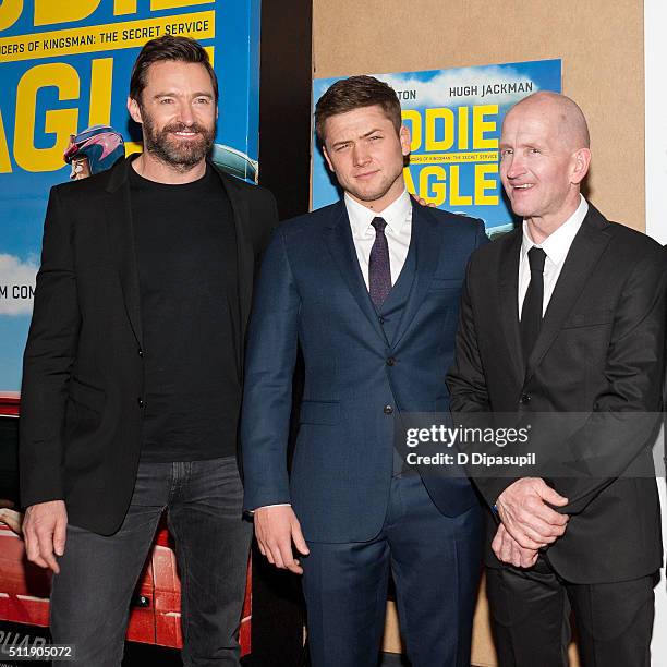 Hugh Jackman, Taron Egerton, and Eddie "The Eagle" Edwards attend the "Eddie The Eagle" New York screening at Chelsea Bow Tie Cinemas on February 23,...