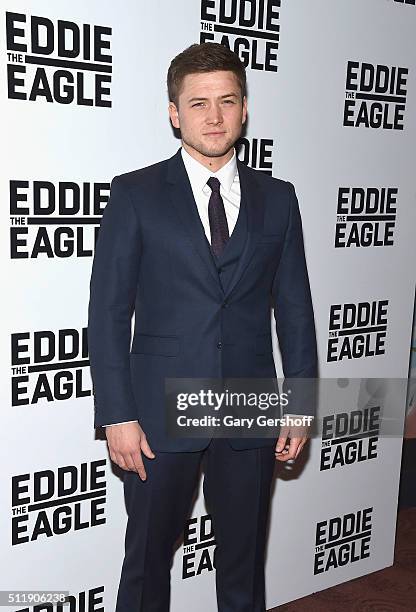 Actor Taron Egerton attends the "Eddie The Eagle" New York screening at Chelsea Bow Tie Cinemas on February 23, 2016 in New York City.