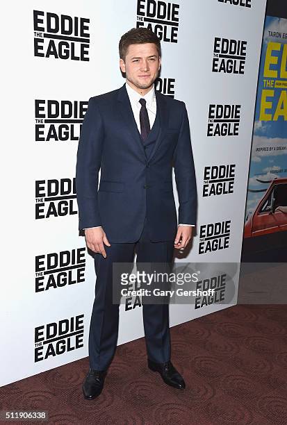 Actor Taron Egerton attends the "Eddie The Eagle" New York screening at Chelsea Bow Tie Cinemas on February 23, 2016 in New York City.