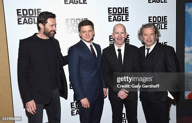 Actors Hugh Jackman, Taron Egerton, former ski-jumper Michael "Eddie" Edwards and director Dexter Fletcher attend the "Eddie The Eagle" New York...