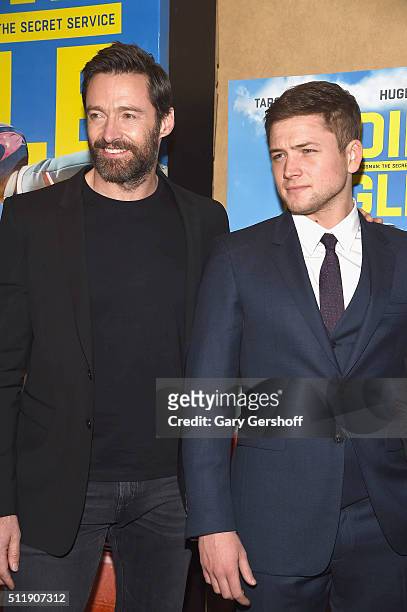 Actors Hugh Jackman and Taron Egerton attend the "Eddie The Eagle" New York screening at Chelsea Bow Tie Cinemas on February 23, 2016 in New York...