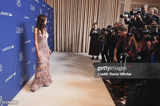 Actress/model Emily Ratajkowski attends the 18th Costume Designers Guild Awards with Presenting Sponsor LACOSTE at The Beverly Hilton Hotel on...