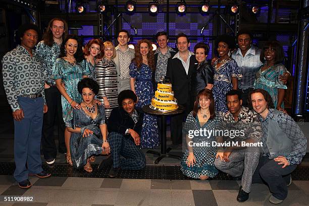 The cast backstage following the 1st Birthday Gala Performance of "Beautiful: The Carole King Musical" at The Aldwych Theatre on February 23, 2016 in...