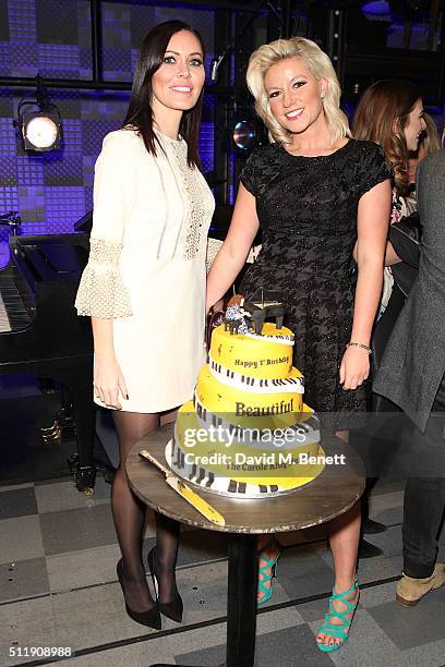 Linzi Stoppard and Natalie Coyle attend the 1st Birthday Gala Performance of "Beautiful: The Carole King Musical" at The Aldwych Theatre on February...