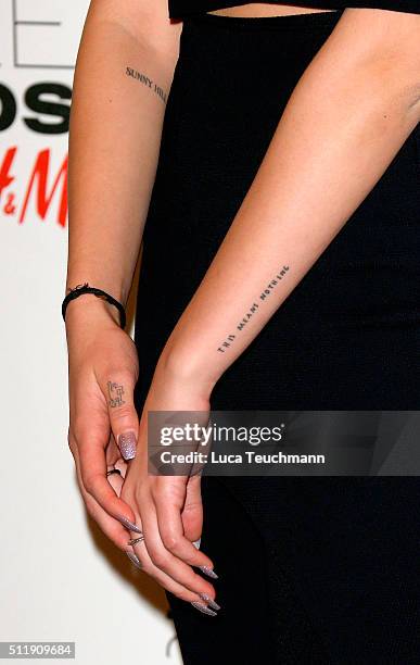 Dua Lipa, tattoo detail, attends The Elle Style Awards 2016 on February 23, 2016 in London, England.