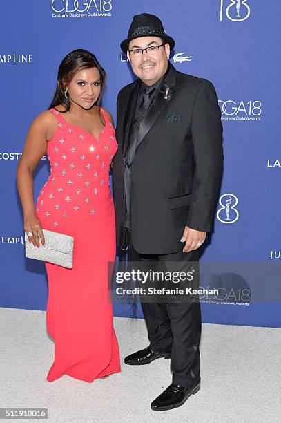 Actress/writer Mindy Kaling and Costume Designers Guild Local President Salvador Perez attend the 18th Costume Designers Guild Awards with Presenting...