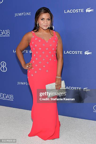 Actress/writer Mindy Kaling attends the 18th Costume Designers Guild Awards with Presenting Sponsor LACOSTE at The Beverly Hilton Hotel on February...