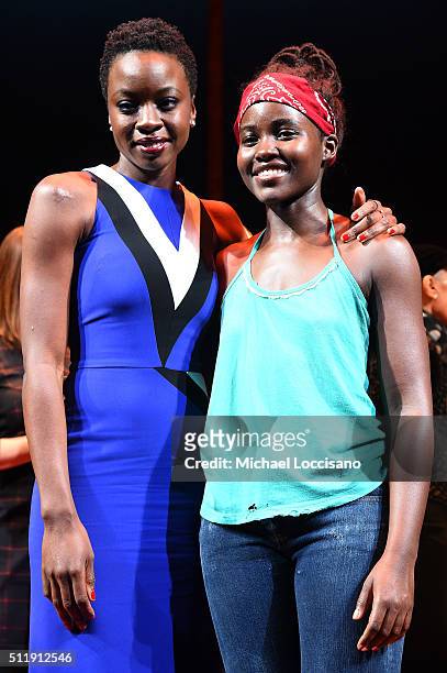 Playwright and actress Danai Gurira and actress Lupita Nyong'o pose onstage at the first preview of "Eclipsed" on Broadway at the Golden Theatre on...