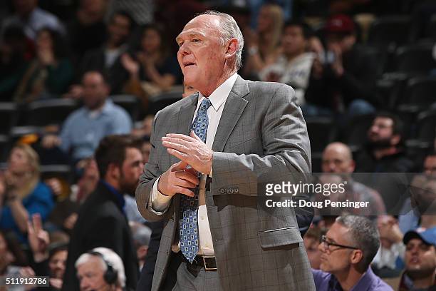 Head coach George Karl of the Sacramento Kings calls a time out against the Denver Nuggets at Pepsi Center on February 23, 2016 in Denver, Colorado....