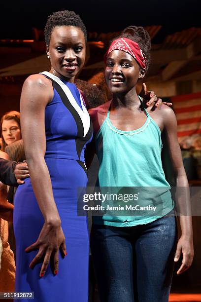 Playwright and actress Danai Gurira and actress Lupita Nyong'o pose onstage at the first preview of "Eclipsed" on Broadway at the Golden Theatre on...