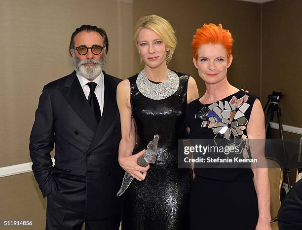 Actor Andy Garcia, honoree Cate Blanchett and costume designer Sandy Powell attend the 18th Costume Designers Guild Awards with Presenting Sponsor...