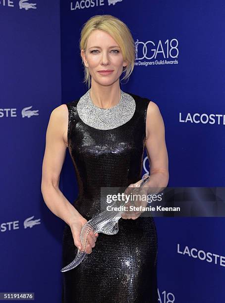 Honoree Cate Blanchett, recipient of the LACOSTE Spotlight Award, poses at the 18th Costume Designers Guild Awards with Presenting Sponsor LACOSTE at...
