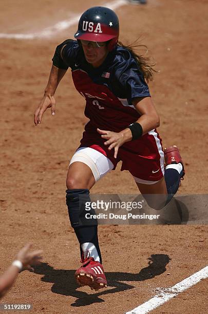 Jessica Mendoza of the USA heads for the homeplate as the United States defeated Greece 7-0 during the preliminary softball game on August 19, 2004...