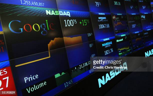 Google's stock price appears on the NASDAQ Marketsite just before the markets close August 19, 2004 in New York City. Shares of Google Inc. Closed at...