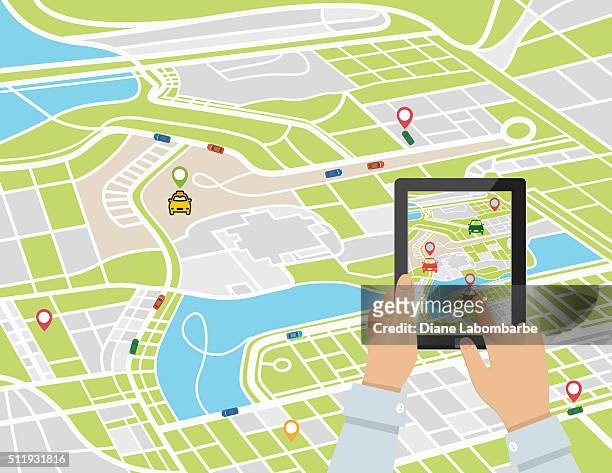 person mit einem rideshare mobile app auf einem tablet - on the move stock-grafiken, -clipart, -cartoons und -symbole