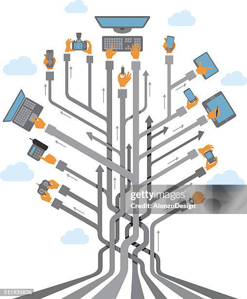 abstract tree with hands using devices - holding remote control stock illustrations