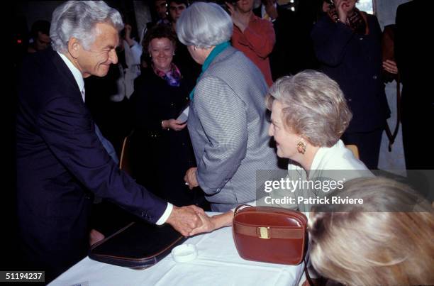 Bob Hawke Prime Minister of Australia and wife Hazel at Hawke memoirs launch in 1994 in Sydney, Australia.