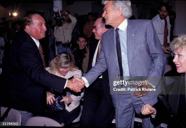 Bob Hawke Prime Minister of Australia with John Howard and Blanche D'Alpuget at OZ Jewsish VE day in 1995 in Sydney, Australia.