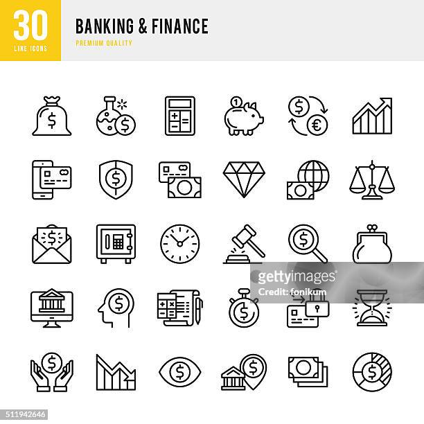 banken &  finance-dünne linie symbol-set - finanzgebäude stock-grafiken, -clipart, -cartoons und -symbole