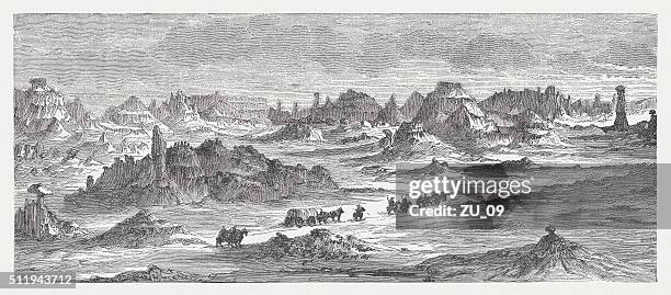 badlands in south dakota, usa, wood engraving, published in 1880 - badlands national park people stock illustrations