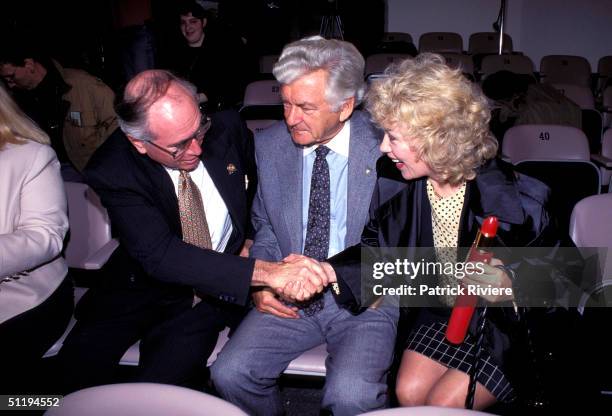 Bob Hawke Prime Minister of Australia with John Howard and Blanche D'Alpuget at OZ Jewsish VE day in 1995 in Sydney, Australia.