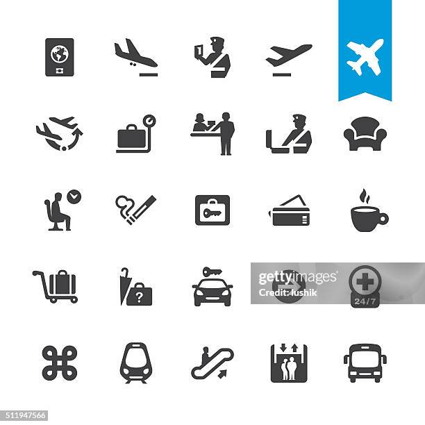 ilustraciones, imágenes clip art, dibujos animados e iconos de stock de vector de iconos de navegación aeropuerto - taquilla lugar de comercio