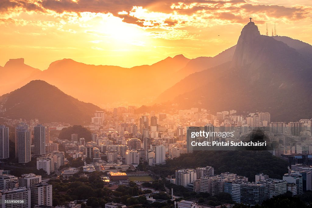 Rio de Janeiro City View with Christ the Redeemer Statue at Sunset