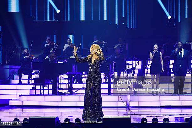 Celine Dion performs during her emotional return to the Colosseum at Caesars Palace on February 23, 2016 in Las Vegas, Nevada.