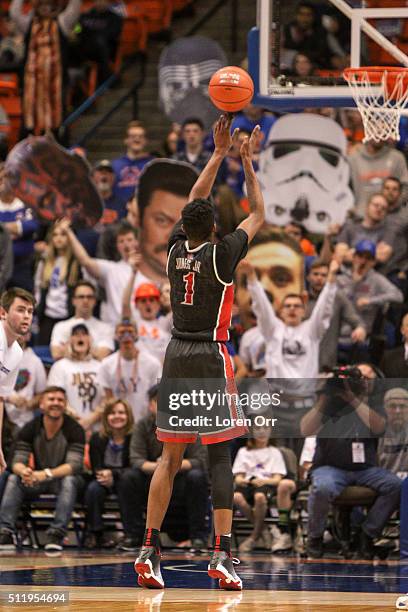Forward Derrick Jones Jr. #1 of the UNLV Rebels shoots a free throw against the Boise State Broncos crowd during second half action on February 23,...