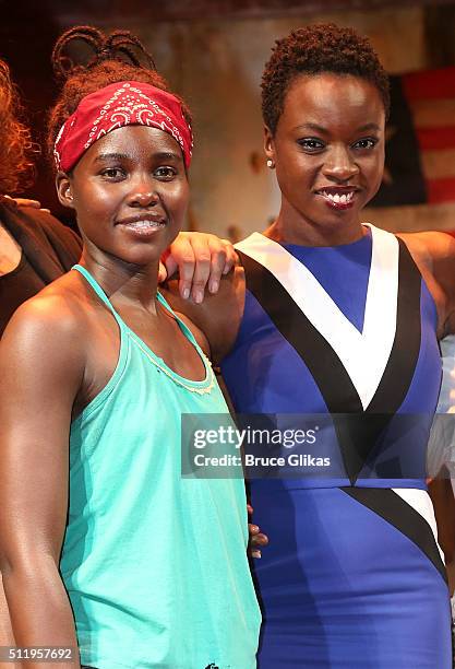 Lupita Nyong'o and Playwright Danai Gurira pose backstage after the first preview of "Eclipsed" on Broadway at The Golden Theatre on February 23,...
