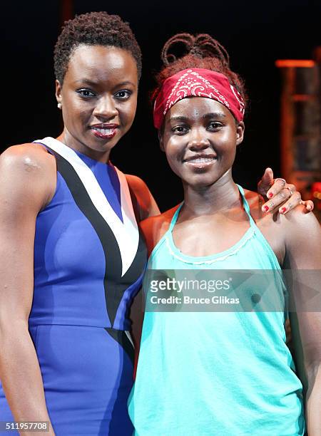 Playwright Danai Gurira and Lupita Nyong'o pose onstage after the first preview of "Eclipsed" on Broadway at The Golden Theatre on February 23, 2016...