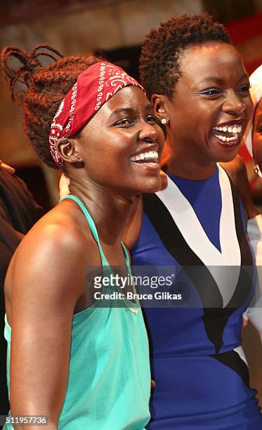 Lupita Nyong'o and Playwright Danai Gurira pose backstage after the first preview of "Eclipsed" on Broadway at The Golden Theatre on February 23,...
