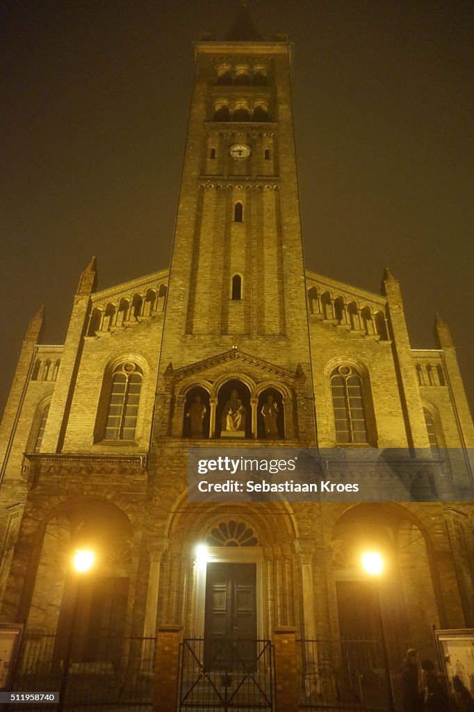Façade of the Church, Peter-und-Paul-Kirche, at Night, Potsdam, Germany